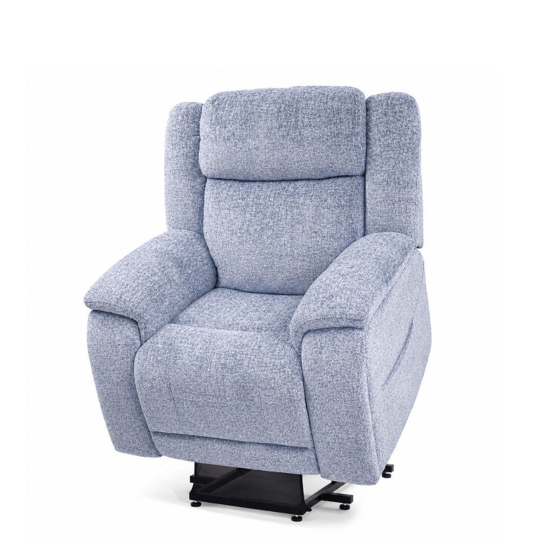 A light blue Golden Tech Halo Power Lift Recliner with footrest extension and power headrest, featuring padded armrests and backrest, is shown against a white background with a black Golden Technologies power lift base.
