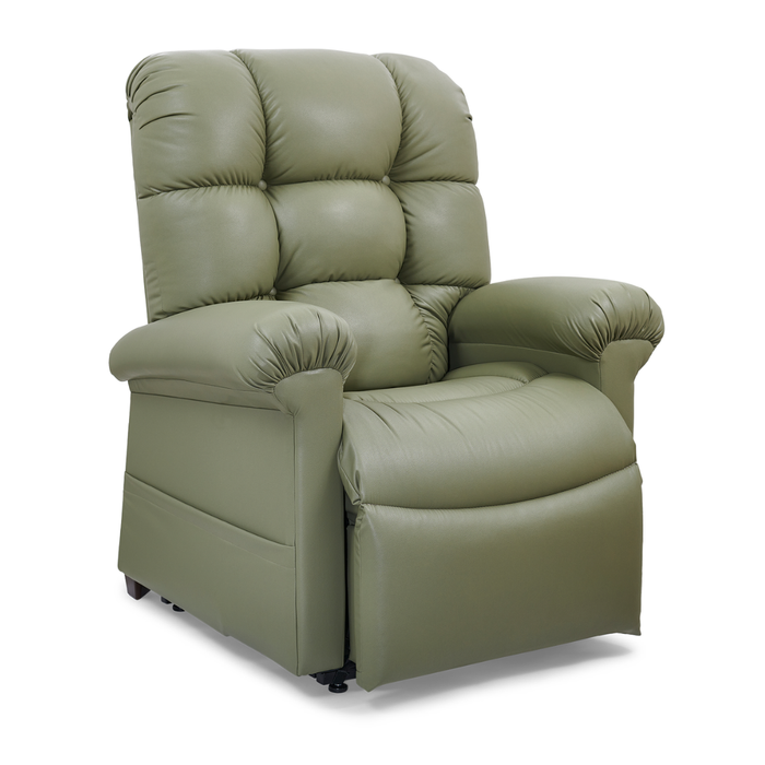 The Golden Tech PR515 Cloud Recliner With Lift Assist, ZG+ & Twilight (MD/LG) in plush olive green, features cushioned armrests, tufted backrest, soft upholstery, and Zero Gravity positioning. Shown on a white background.