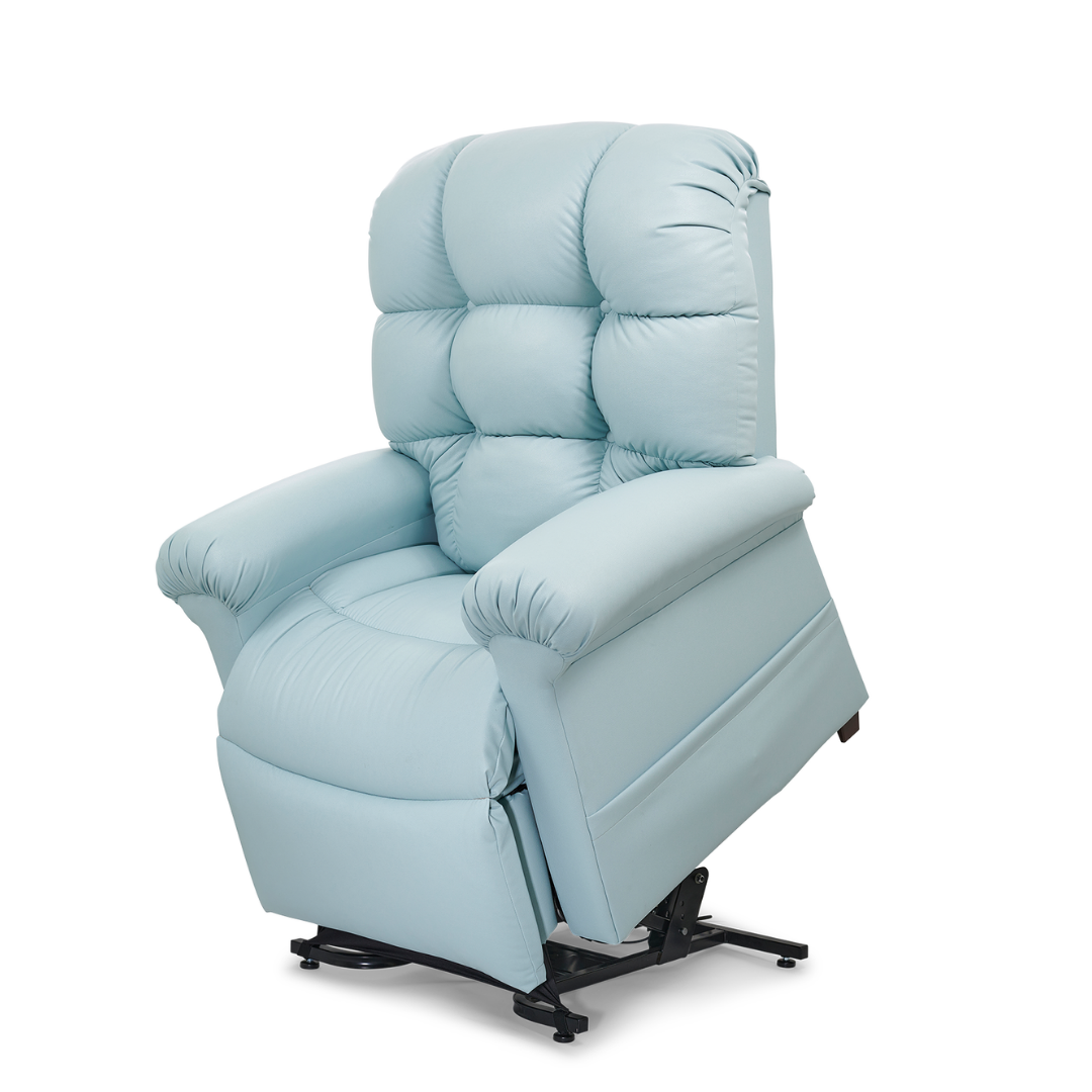The Golden Tech PR515 Cloud Recliner With Lift Assist, ZG+ & Twilight - MD/LG features a light blue finish, padded armrests, tufted backrest, and raised footrest for ergonomic zero-gravity comfort and easy stand-up assistance.