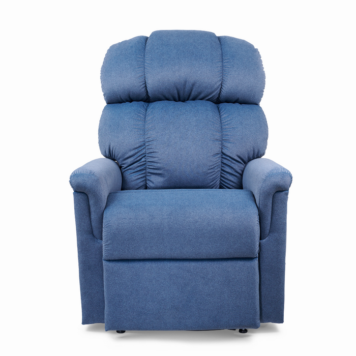 The Golden Tech PR545 Comforter Recliner, featuring MaxiComfort® Positioning with a plush blue design, high back, and padded armrests, offers ultimate relaxation on a plain white background.