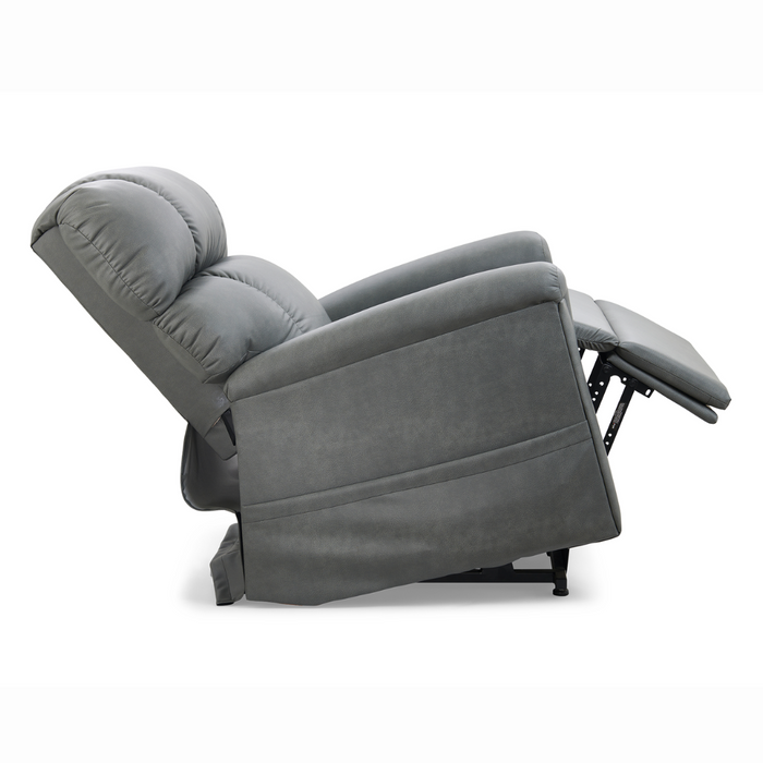 Side view of the Golden Tech PR545 Comforter Recliner with Lift Assist, ZG+ & Twilight in gray, partially reclined. Its plush backrest and footrest are extended, highlighting superior comfort and modern design on a plain white backdrop. Ideal for tall users, it features MaxiComfort® Positioning.