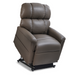 The Golden Tech PR545 Comforter Recliner showcases a brown leather design with a cushioned backrest and armrests. It features MaxiComfort® Positioning and a lift mechanism that elevates the seat, aiding users in standing up easily.