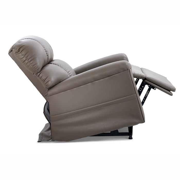 The Golden Tech PR545 Comforter Recliner with Lift Assist, ZG+, and Twilight in gray features an extended footrest and angled backrest with MaxiComfort® Positioning. Its plush surface ensures ultimate comfort against a plain white backdrop.