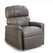 The Golden Tech PR545 Comforter Recliner, featuring MaxiComfort® Positioning, plush cushions, and padded armrests in brown leather with a side lever for reclining, is shown on a plain white background.