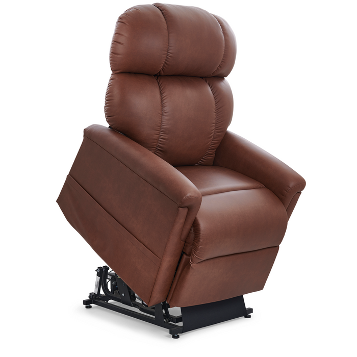 The Golden Tech PR545 Comforter Recliner With Lift Assist, ZG+ & Twilight - Tall is a brown leather chair with padded seat, armrests, and backrest. It features Twilight Technology for enhanced relaxation and a lift mechanism visible at the base, shown here in a raised, angled position.