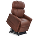 The Golden Tech PR545 Comforter Recliner With Lift Assist, ZG+ & Twilight - Tall is a brown leather chair with padded seat, armrests, and backrest. It features Twilight Technology for enhanced relaxation and a lift mechanism visible at the base, shown here in a raised, angled position.