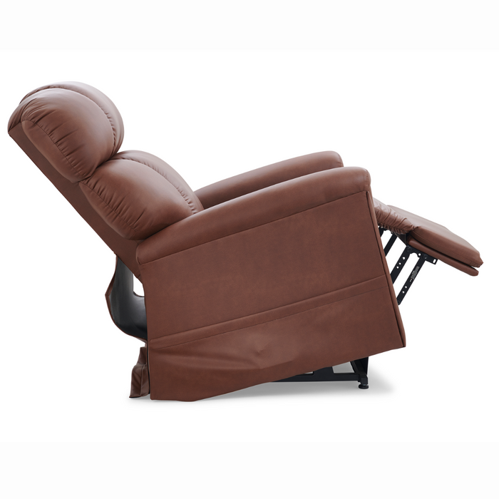 The Golden Tech PR545 Comforter Recliner With Lift Assist, ZG+ & Twilight - Tall is presented in side profile with the footrest extended, showcasing Twilight Technology for enhanced relaxation. It features cushioned backrests and armrests against a plain white background.