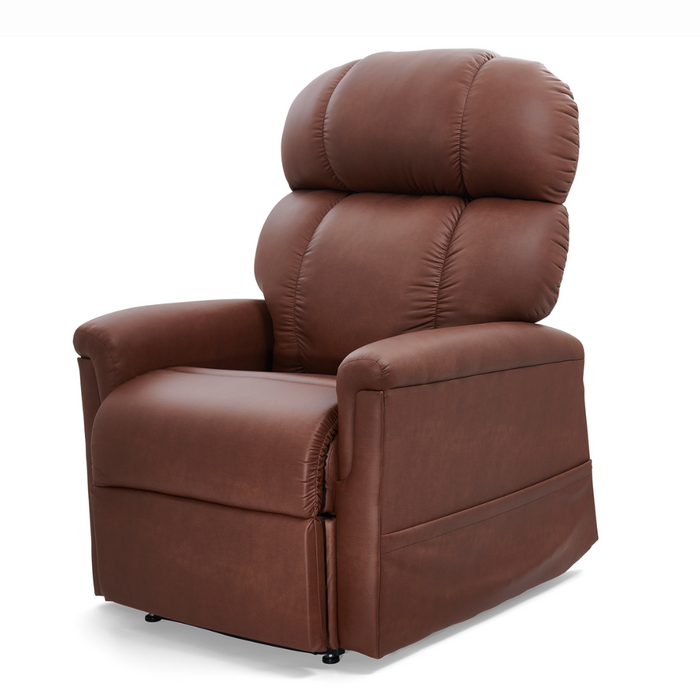 Unwind in the Golden Tech PR545 Comforter Recliner, featuring plush brown leather, Zero Gravity+ (ZG+) positioning, a high backrest, padded armrests, and a spacious cushioned seat for exceptional comfort.