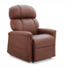 The Golden Tech PR545 Comforter Recliner With Lift Assist, ZG+ & Twilight - Tall is a brown cushioned chair featuring high backrest and armrests, upholstered in soft fabric with MaxiComfort® Positioning, ideal for relaxing or reading thanks to its plush appearance and advanced Twilight Technology.