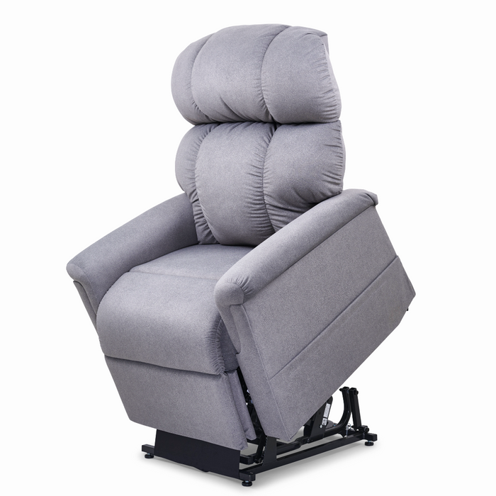 The Golden Tech PR545 Comforter Recliner, in gray, offers plush cushioning with armrests for comfort and standing assistance. Its MaxiComfort® Positioning provides optimal support, while ZG+ & Twilight features enhance the advanced lift mechanism in its slightly elevated design.