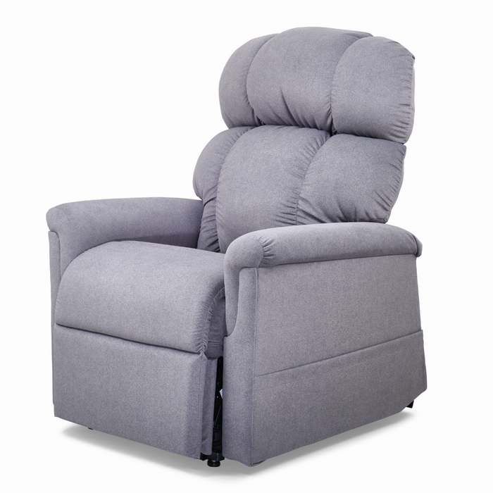 The Golden Tech PR545 Comforter Recliner with Lift Assist, ZG+ & Twilight - Tall is shown in gray against a white backdrop. It features MaxiComfort® Positioning, plush padded cushions, a high back, and cushioned armrests for ultimate relaxation and comfort.