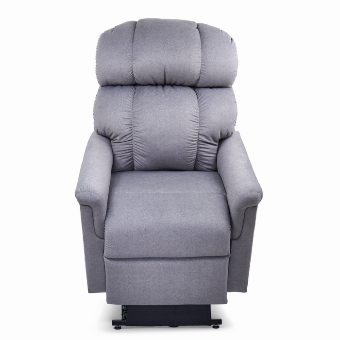 The Golden Tech PR545 Comforter Recliner in gray includes padded armrests, a high backrest, plush cushions, and Twilight Technology for enhanced relaxation. Featuring lift assist and standing upright, it is shown against a plain white background.