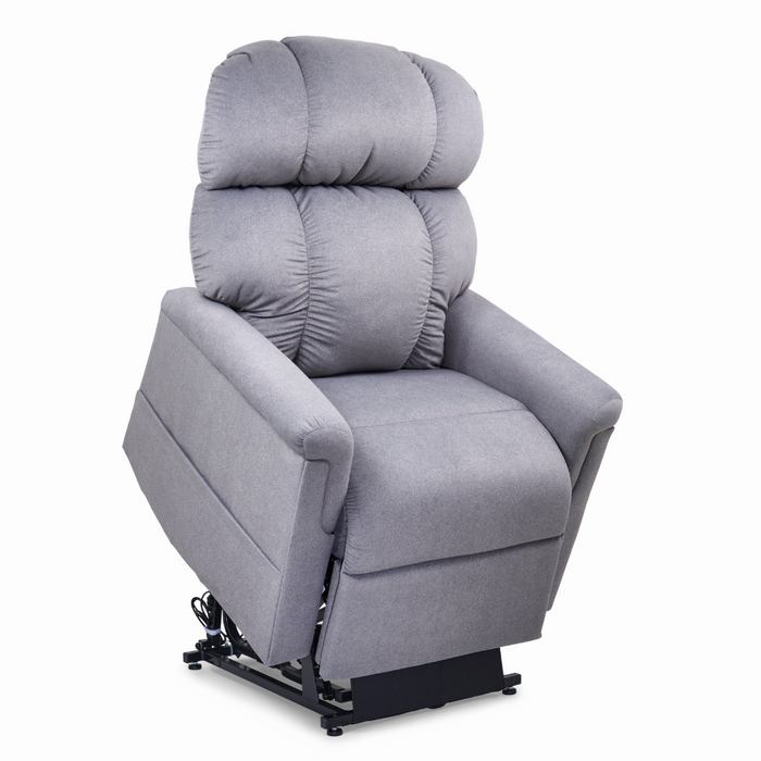 The Golden Tech PR545 Comforter Recliner, in plush light gray, features padded armrests and backrest, MaxiComfort® Positioning, Zero Gravity+ (ZG+), Twilight technology for optimal relaxation, a semi-reclined position, and lift assist for easy standing. Ideal for tall individuals.