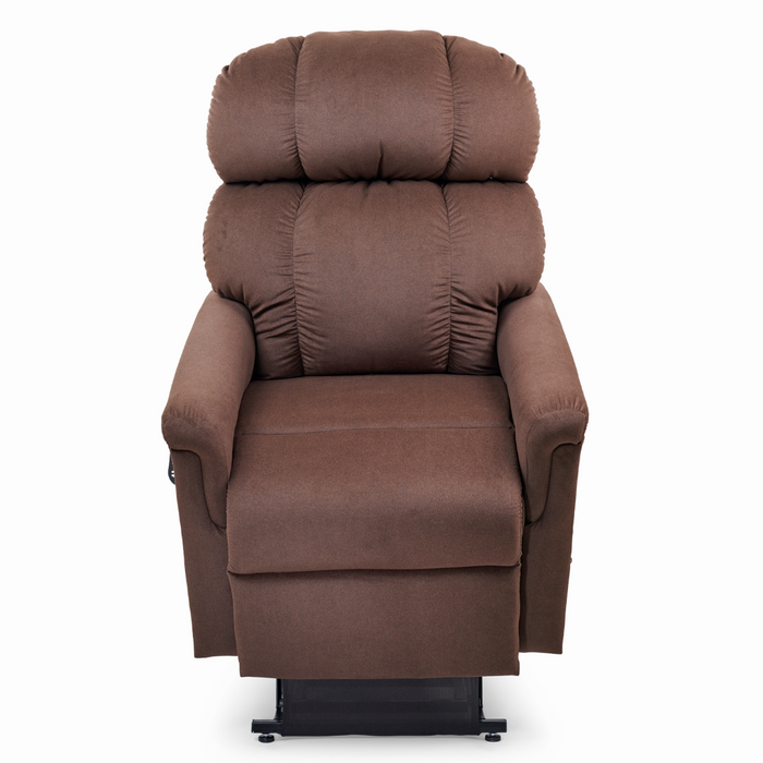 The Golden Tech PR545 Comforter Recliner with Lift Assist, ZG+, and Twilight in tall offers plush padding, MaxiComfort® Positioning for top relaxation, padded armrests, a high cushioned backrest, sturdy base, and slightly textured fabric—ideal for any living room or lounge.