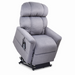 The Golden Tech PR545 Comforter Recliner With Lift Assist, ZG+ & Twilight - Tall is a gray upholstered chair with plush padding and armrests, featuring Twilight Technology for Zero Gravity+ comfort. It includes an electric lift for forward tilt and a remote control on the side.