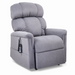 The Golden Tech PR545 Comforter Recliner with Lift Assist, ZG+ & Twilight - Tall is a gray upholstered chair featuring plush cushioning and MaxiComfort® Positioning. It has a built-in remote on the left for easy use and is displayed against a plain white background.