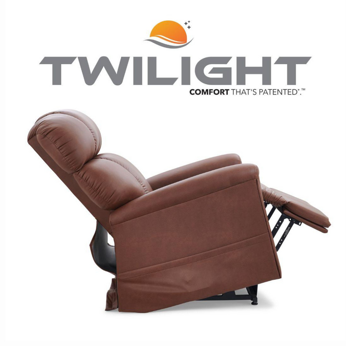 A Golden Tech PR545 Comforter Recliner with Lift Assist, ZG+, and Twilight positioning, shown partially reclined on a white background. Above it is TWILIGHT with a sun/wave logo followed by COMFORT THATS PATENTED, highlighting ZG+ for exceptional relaxation.