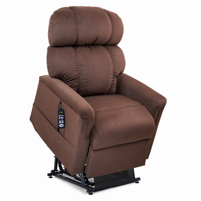 The Golden Tech PR545 Comforter Recliner offers lift assist and ZG+ & Twilight positioning. This tall, plush brown chair features a thick backrest, padded armrests, a remote control on the side, and partially reveals its mechanical base when elevated.