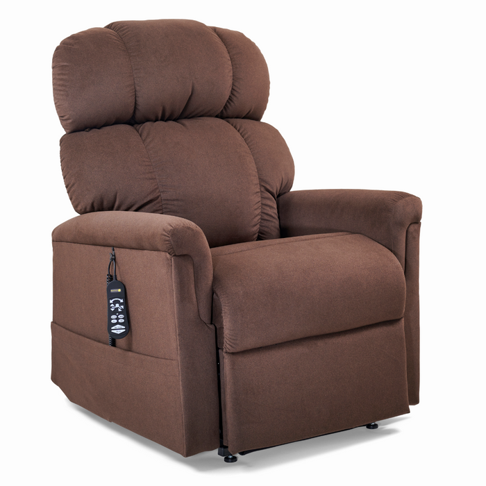 The Golden Tech PR545 Comforter Recliner with Lift Assist, ZG+, and Twilight features plush, overstuffed cushions, a high backrest, MaxiComfort® Positioning, padded armrests, and a remote control on its armrest. It is a brown recliner set against a plain white background for luxurious comfort.