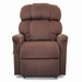 The Golden Tech PR545 Comforter Recliner, featuring high backrest and cushioned armrests with MaxiComfort® Positioning, offers ultimate relaxation. Its plush brown fabric provides a smooth texture against a plain white background.