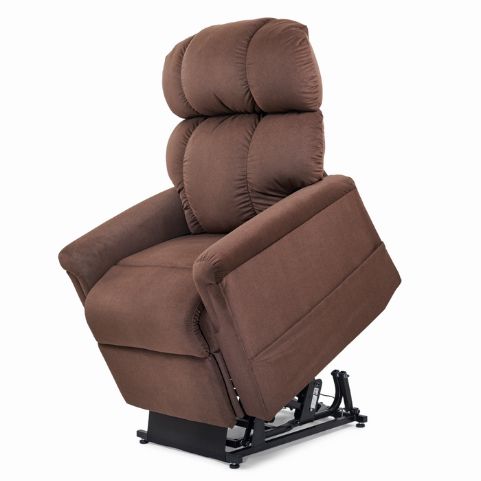 The Golden Tech PR545 Comforter Recliner features a plush, soft fabric design with lift assist and ZG+ positioning. Broad armrests provide comfort, while its partially elevated base ensures relaxation.