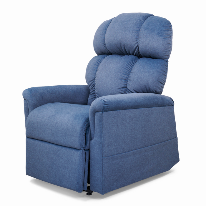 The Golden Tech PR545 Comforter Recliner, in plush blue fabric, offers Zero Gravity+ (ZG+) positioning and lift assist. Its high backrest and thick armrests invite relaxation, blending comfort with modern tech. Positioned slightly left against a white background, its perfect for unwinding.