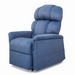 The Golden Tech PR545 Comforter Recliner, in plush blue fabric, offers Zero Gravity+ (ZG+) positioning and lift assist. Its high backrest and thick armrests invite relaxation, blending comfort with modern tech. Positioned slightly left against a white background, its perfect for unwinding.