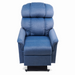 The Golden Tech PR545 Comforter Recliner in blue features a plush, cushioned design with MaxiComfort® Positioning, a high back with three pillow sections, wide padded armrests, and a base for reclining. It includes lift assist and ZG+ & Twilight functionality for tall users.