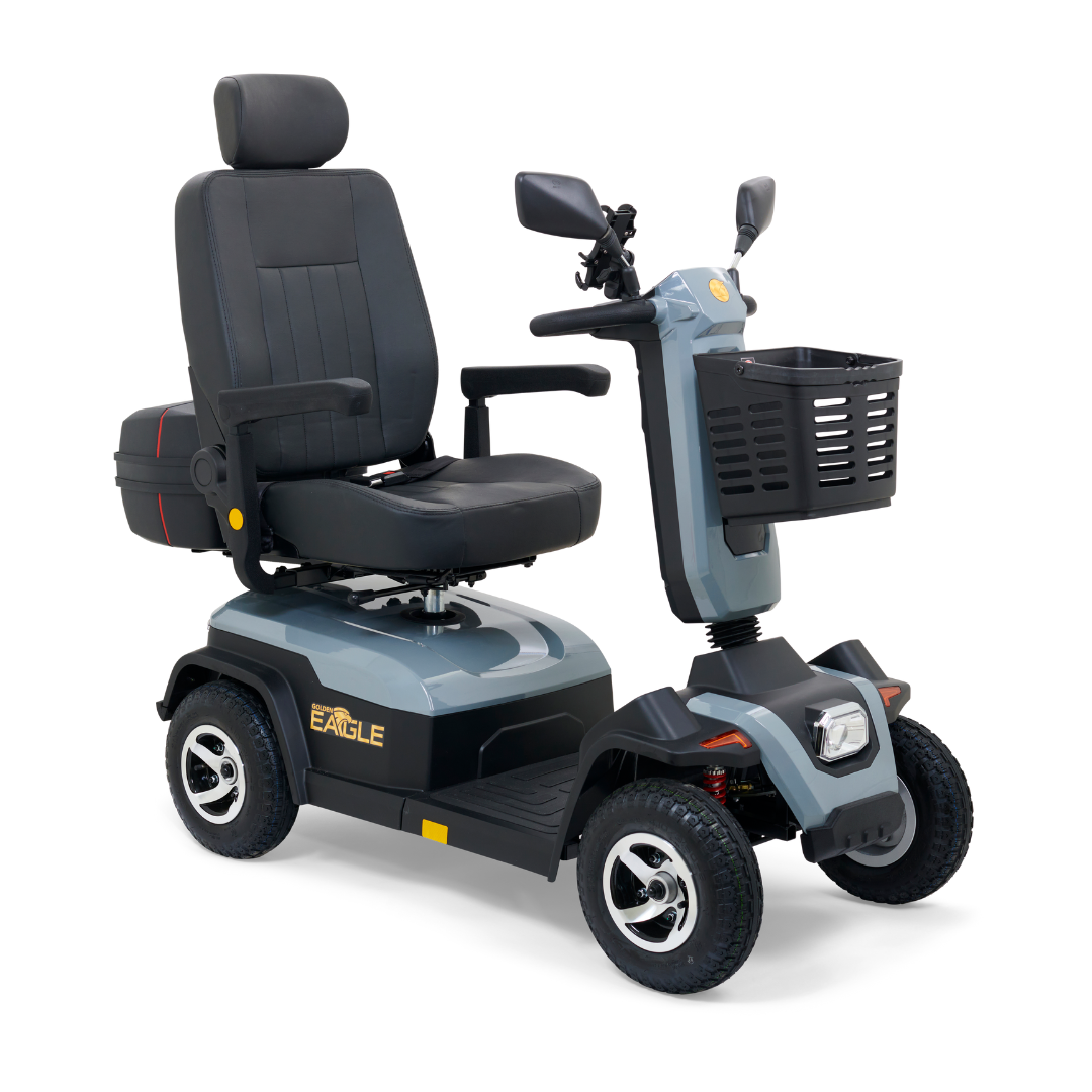The Golden Tech Eagle HD Bariatric 4-Wheel Scooter with Suspension is sleek in black and gray, offering a cushioned seat, armrests, intuitive handlebars, and a front basket. Its sturdy design ensures ultimate stability and superior off-road performance.