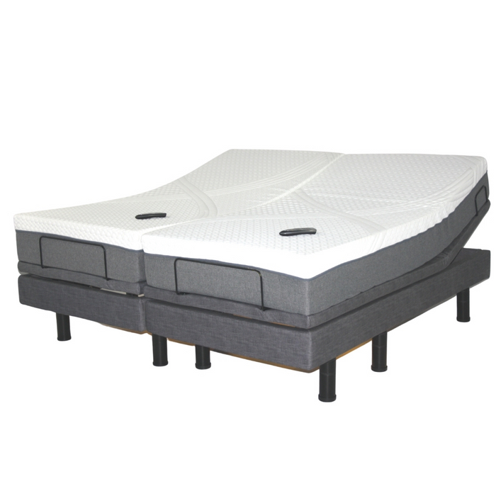 The Golden Passport Hi/Low Full Electric Homecare Bed with Massage features dual adjustable sections, a white textured mattress, and a sleek gray base on black legs. Two remote controls are included for setting your ideal position. Check specifications for detailed functionality.