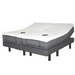 The Golden Passport Hi/Low Full Electric Homecare Bed with Massage features dual adjustable sections, a white textured mattress, and a sleek gray base on black legs. Two remote controls are included for setting your ideal position. Check specifications for detailed functionality.