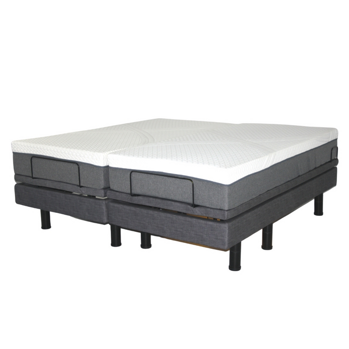 The Golden Passport Hi/Low Full Electric Homecare Bed with Massage features a modern split design, two independently controlled sections, a sleek dark fabric base supporting a white mattress, and multiple sturdy cylindrical legs. Check out its specifications or watch videos for more details.