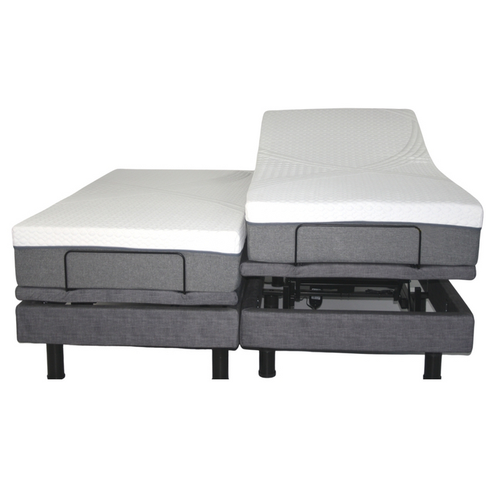 The Golden Passport Hi/Low Full Electric Homecare Bed with Massage features two adjustable sections. Its white mattress rests on a gray base, and the black legs offer stability. The right section is elevated to showcase its adjustability and comfort tailored to your needs.