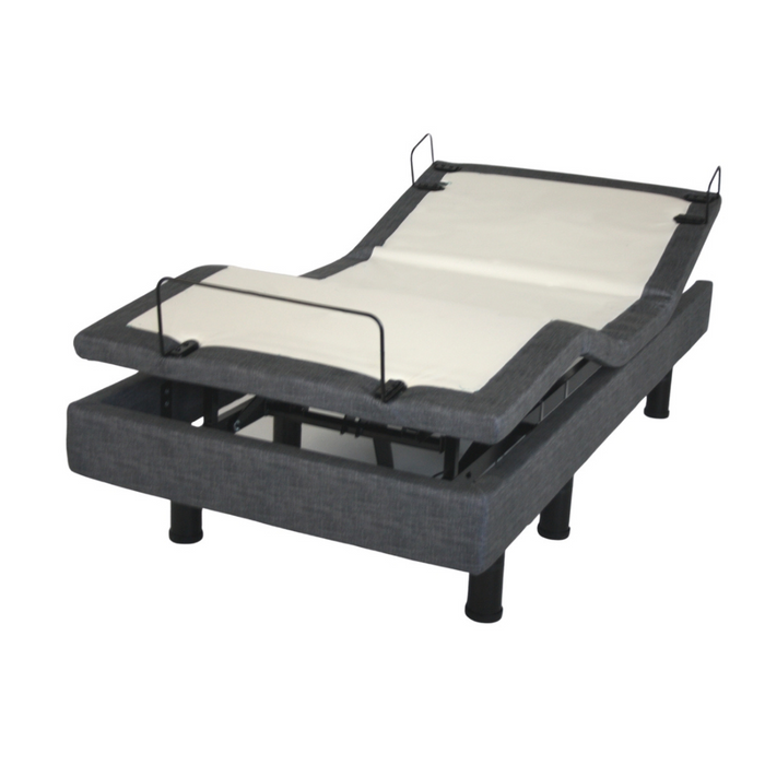 The Golden Passport Hi/Low Full Electric Homecare Bed with Massage features a gray fabric border, white mattress surface, and elevating head and foot sections. It rests on black cylindrical legs with metal side railings. Check specifications to customize your comfort experience further.