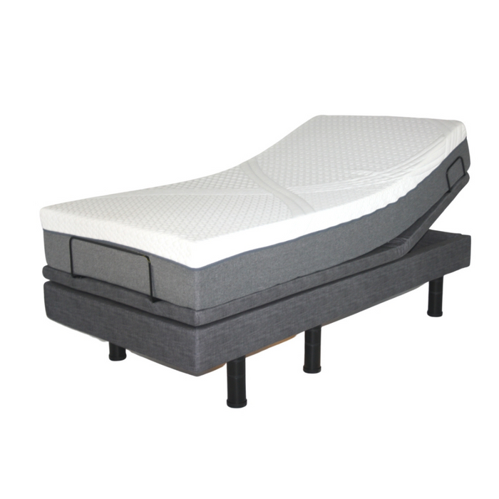 The Golden Passport Hi/Low Full Electric Homecare Bed with Massage offers ultimate comfort with an adjustable head section, white mattress, dark gray fabric base, black legs, and sturdy black metal side support bars. Review the specifications to ensure it meets your needs perfectly.