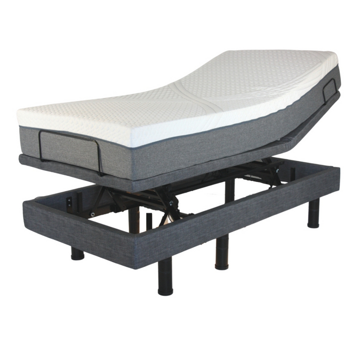 The Golden Passport Hi/Low Full Electric Homecare Bed with Massage is shown in grey, featuring an adjustable head section and a flat foot section. Explore the detailed adjustment mechanisms in accompanying videos.