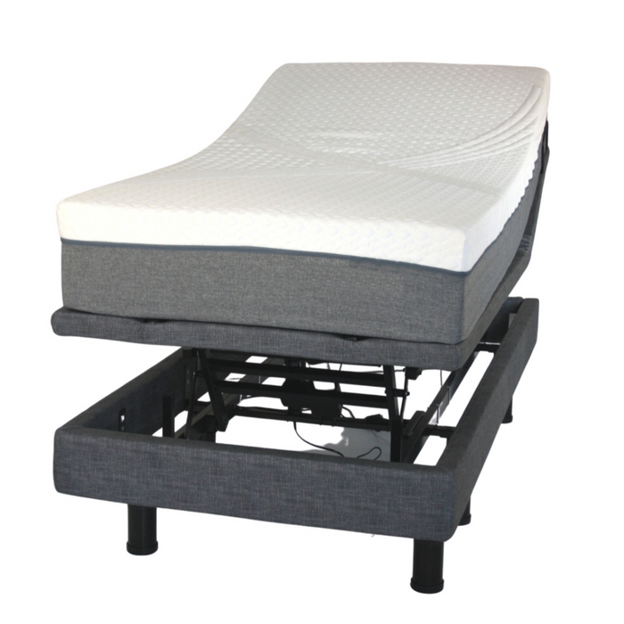 The Golden Passport Hi/Low Full Electric Homecare Bed with Massage features a quilted mattress and dark gray upholstered frame with elevated legs. Perfect for spec-savvy sleepers, its adjustable head section ensures optimal comfort and style.