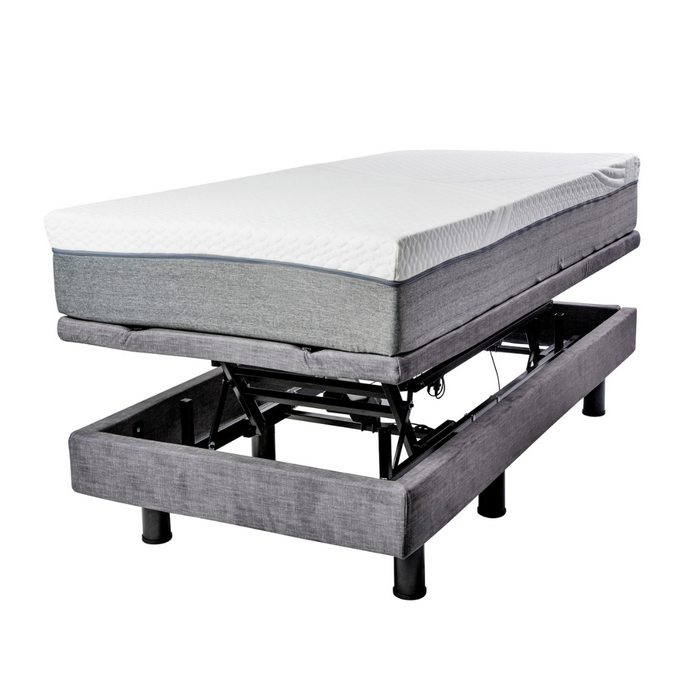 The Golden Passport Hi/Low Full Electric Homecare Bed with Massage features a grey fabric base and white mattress, elevated to show its black metal lifting mechanism. It stands on round black legs against a white background, ideal for those who value style and functionality.