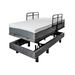 The Golden Passport Hi/Low Full Electric Homecare Bed with Massage features a white mattress, dark metal side rails, and a lifted base revealing black legs for stability. Its simple, functional design offers detailed construction insights through available specifications.