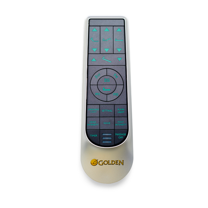 A gray remote control with turquoise buttons features directional arrows, massage settings, and intensity controls. Golden is printed at the bottom in gold. For full specifications and usage videos of the Golden Passport Hi/Low Full Electric Homecare Bed with Massage, visit our website.