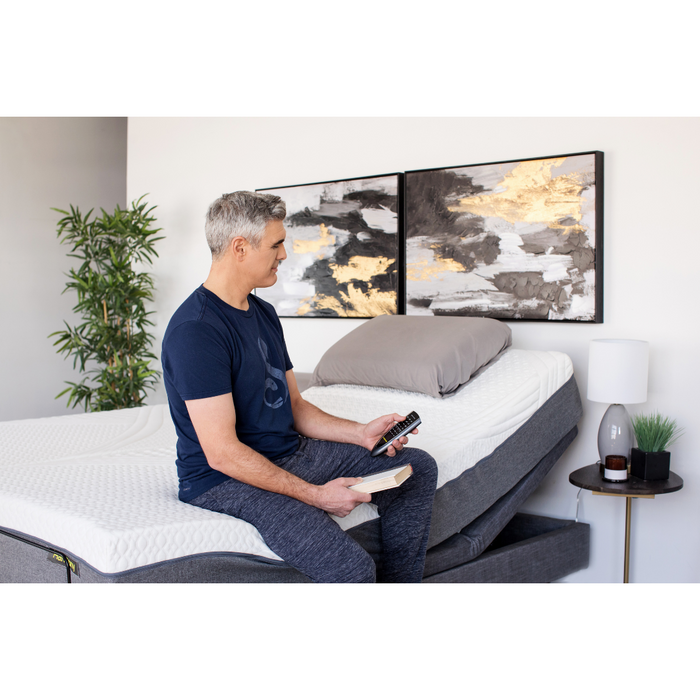 A person relaxes on the edge of a Golden Passport Hi/Low Full Electric Homecare Bed with Massage, holding a remote and book. The bed is slightly elevated, framed by abstract paintings on the wall, and flanked by side tables with a lamp and potted plant.