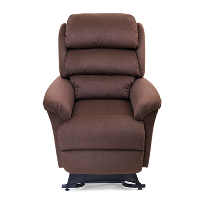 The Golden Tech PR766 Relaxer MaxiComfort Recliner with Lift Assist - Small is a brown chair with soft, cushioned backrest and seat. Its plush armrests, sturdy base, and smooth dark brown upholstery come with a Programmable AutoDrive Hand Control for easy adjustments.