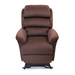 The Golden Tech PR766 Relaxer MaxiComfort Recliner with Lift Assist - Small is a brown chair with soft, cushioned backrest and seat. Its plush armrests, sturdy base, and smooth dark brown upholstery come with a Programmable AutoDrive Hand Control for easy adjustments.
