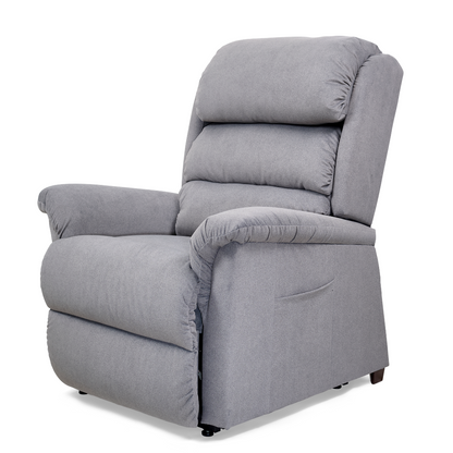 The Golden Tech PR766 Relaxer MaxiComfort Recliner With Lift Assist - Small is a plush gray chair featuring cushioned backrest, armrests, side pocket, and reclining lever. It offers ultimate comfort against a plain white background with MaxiComfort Positioning at your fingertips.