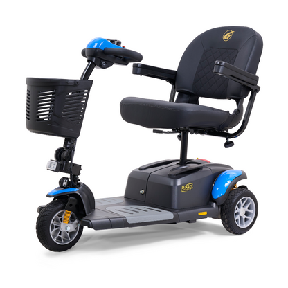 The Golden Tech GB118 Buzzaround EX Portable Mobility Scooter is a blue three-wheeler with a black cushioned seat, armrests, front basket, and an easy-to-use control panel on the handlebar, ideal for streamlined personal transportation.