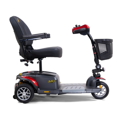 The Golden Tech GB118 Buzzaround EX Portable Mobility Scooter is a full-size, four-wheel scooter with black seating and armrests, a front black basket, striking red frame accents, and an intuitive control handlebar for effortless personal transportation.