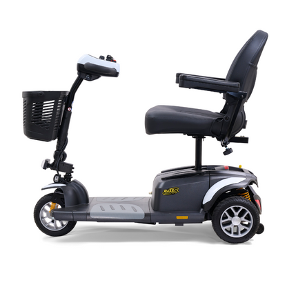 Introducing the Golden Tech GB118 Buzzaround EX Portable Mobility Scooter, showcasing three wheels, a comfortable black seat with armrests, a front basket, and handlebar controls for an exceptional ride, all in a sleek design on a white background.