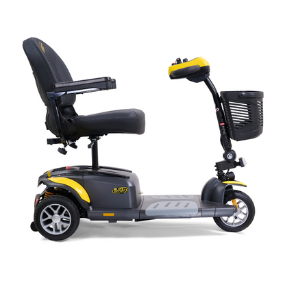 The Golden Tech GB118 Buzzaround EX Portable Mobility Scooter showcases a side view with its black and yellow design. This lightweight 3-wheel scooter includes a comfy seat with armrests and a front basket for stability and convenience.