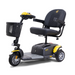 The Golden Tech GB118 Buzzaround EX Portable Mobility Scooter features a three-wheel design, black seat and armrests, a yellow and black frame, front basket, and headlights, making it perfect for personal transportation.