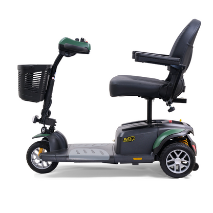 Introducing the Golden Tech GB118 Buzzaround EX Portable Mobility Scooter: a lightweight three-wheeled scooter with a cushioned seat, armrests, handlebars, front basket, textured footrest, generous storage, and intuitive controls. Perfect for all your mobility needs.